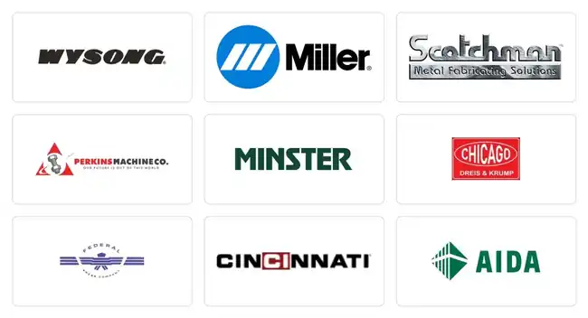 Marcas de maquinaria y equipo utilizado por PAT: Wysong, Miller, Scotchman, Perkins Machine Co., Minster, Chicago Dreis & Krump, Federal, Cincinnati y AIDA